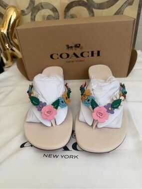 Coach Chalk Off White Thong Kitten Heel Sandals with Multicolor Floral Appliqués